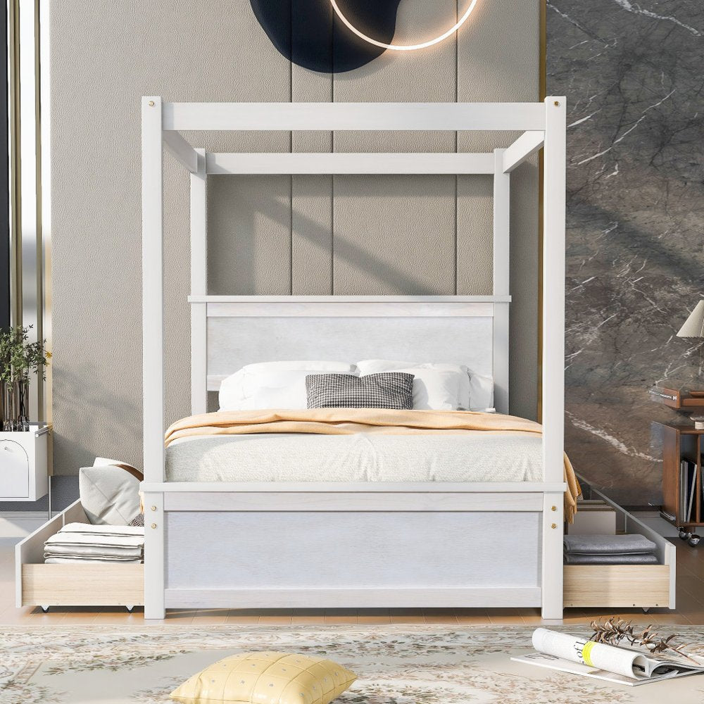 White Wood Full Canopy Bed With Drawers