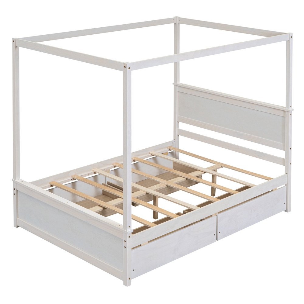 White Wood Full Canopy Bed With Drawers