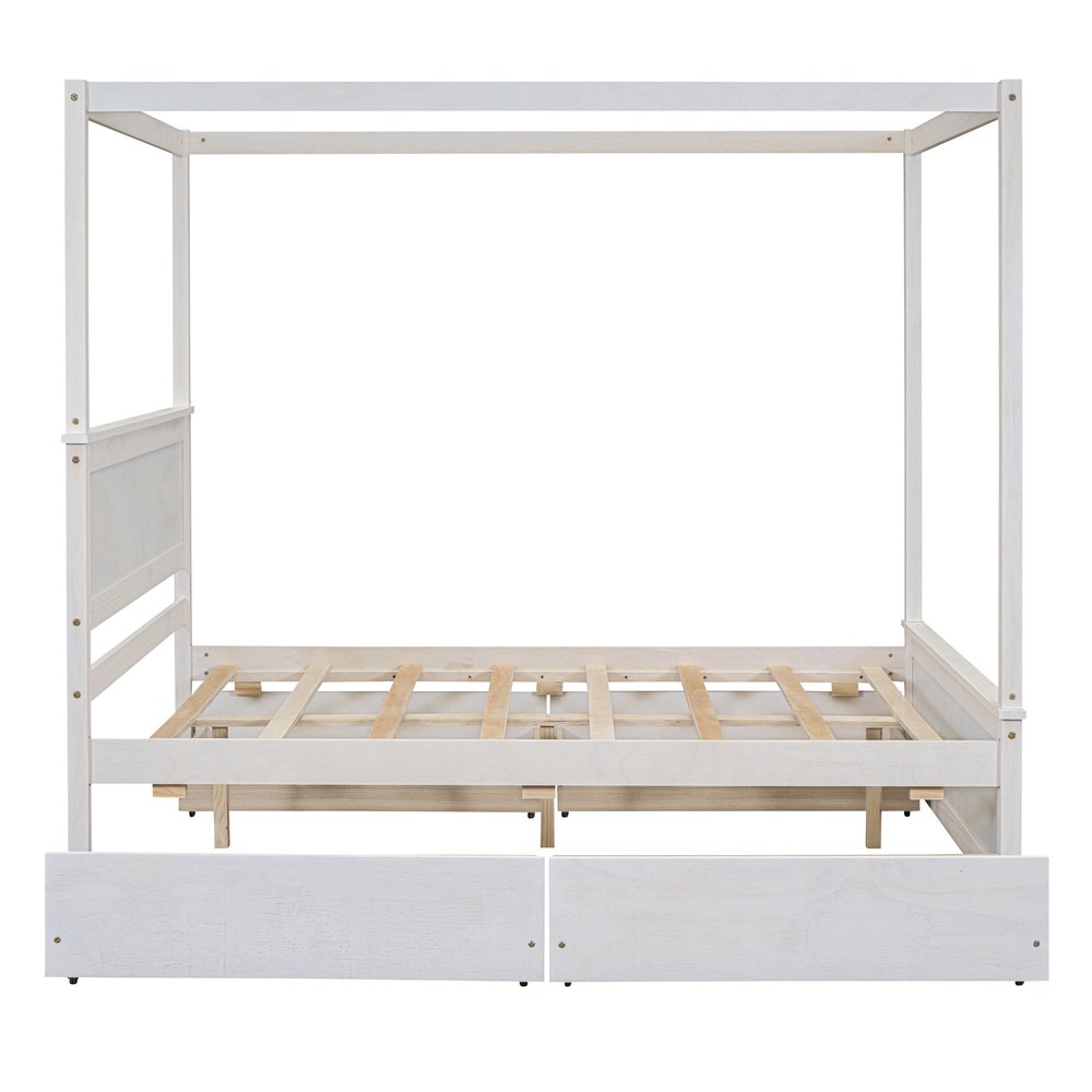 White Wood Full Canopy Bed With Drawers