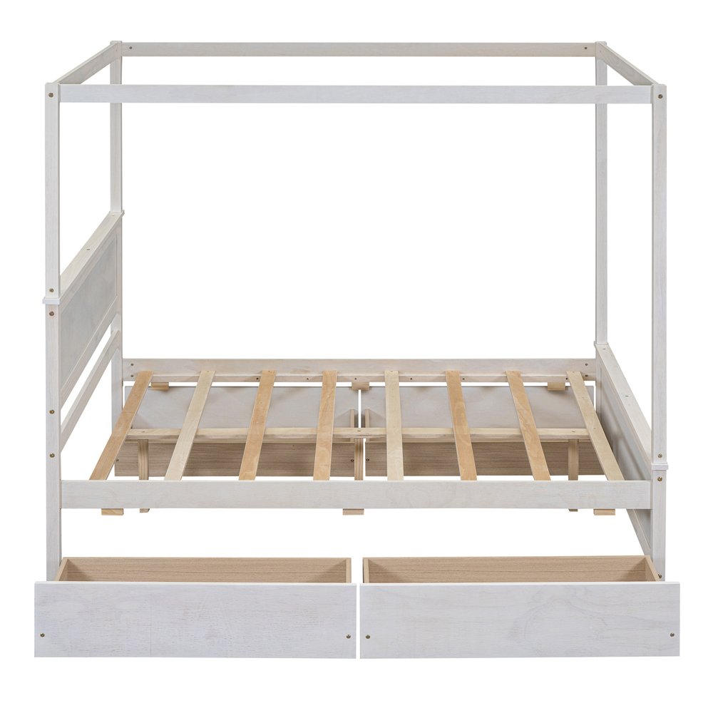 White Wood Full Canopy Bed With Drawers