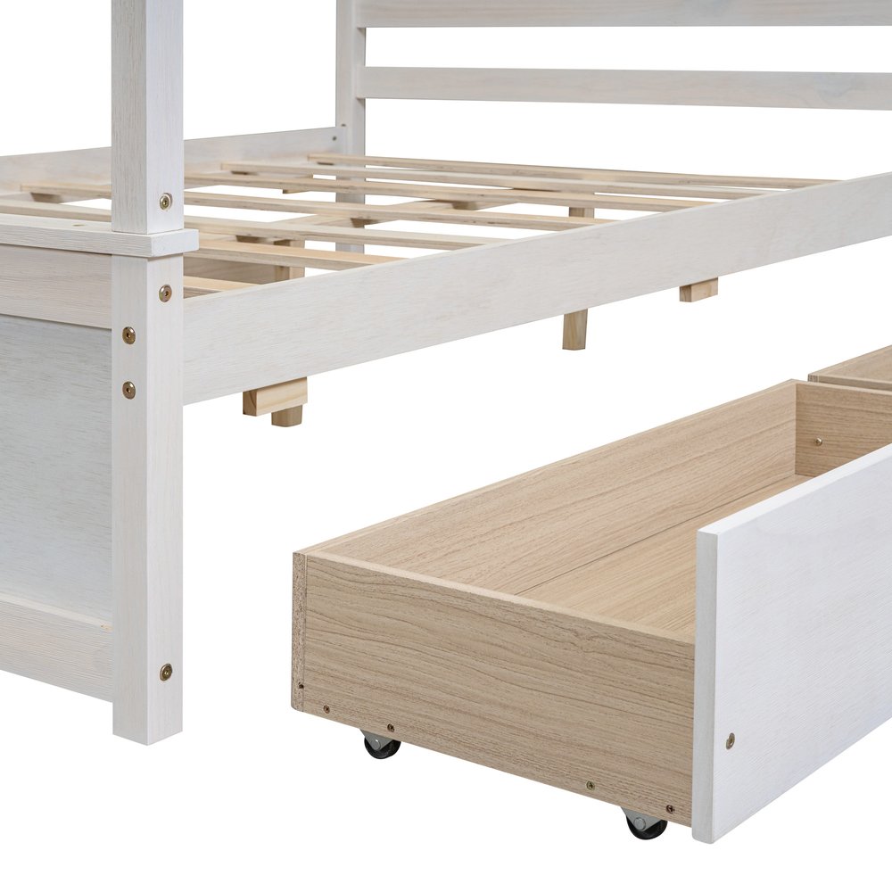 White Wood Full Canopy Bed With Drawers