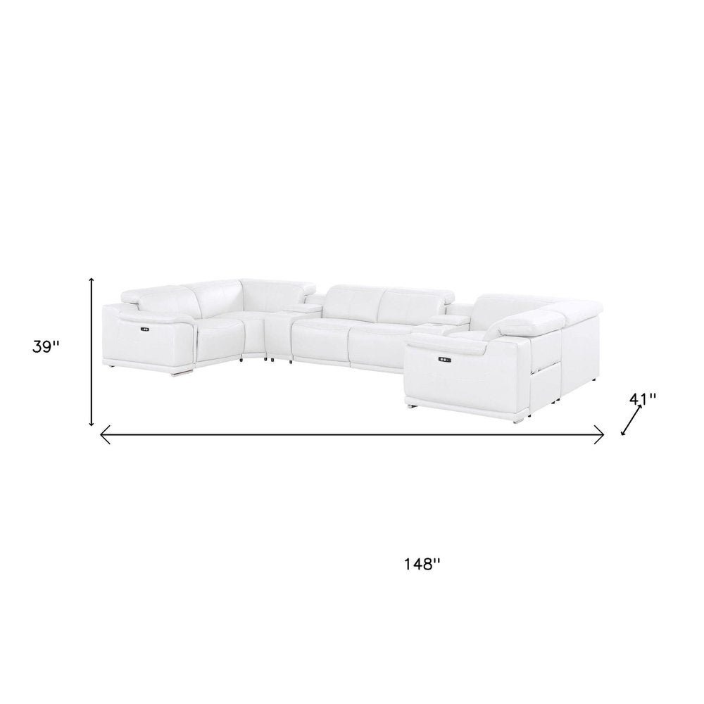 White Leather Modular U Shaped Eight Piece Corner Sectional With Console