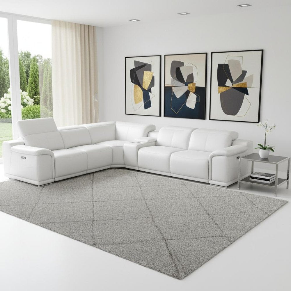 White Leather Modular U Shaped Eight Piece Corner Sectional With Console