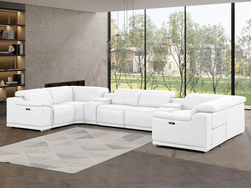 White Leather Modular U Shaped Eight Piece Corner Sectional With Console