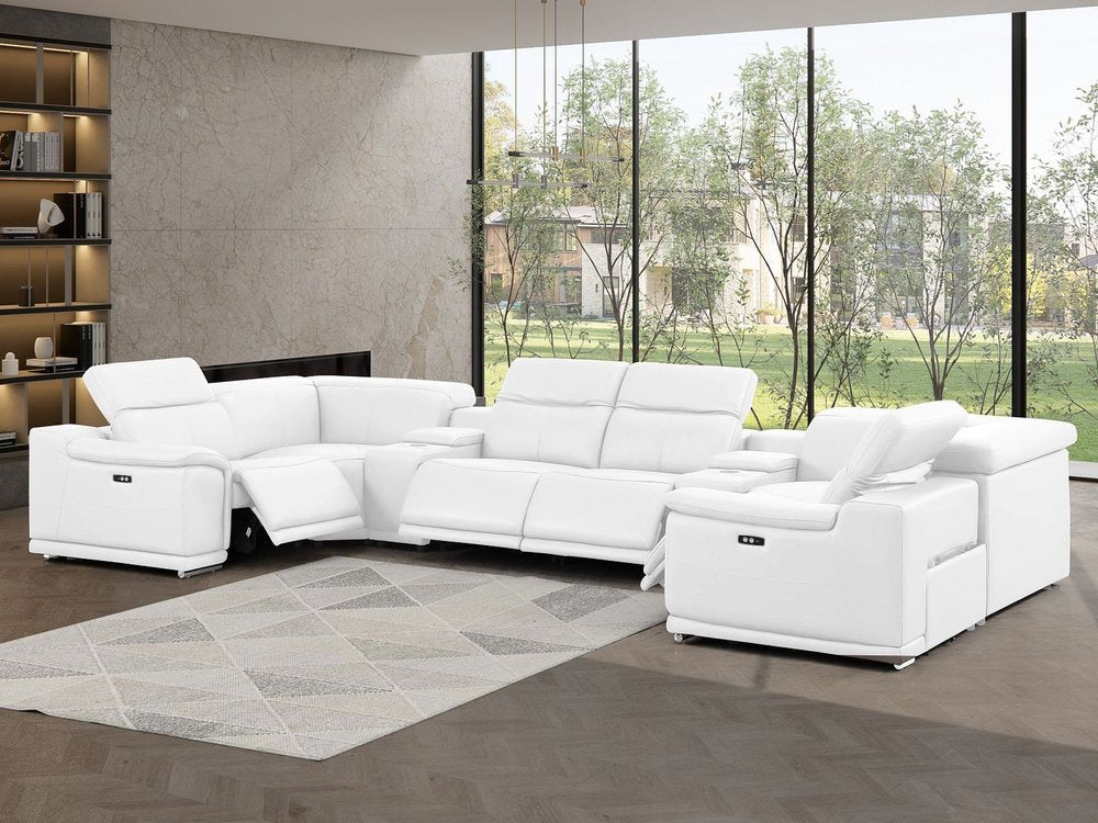 White Leather Modular U Shaped Eight Piece Corner Sectional With Console