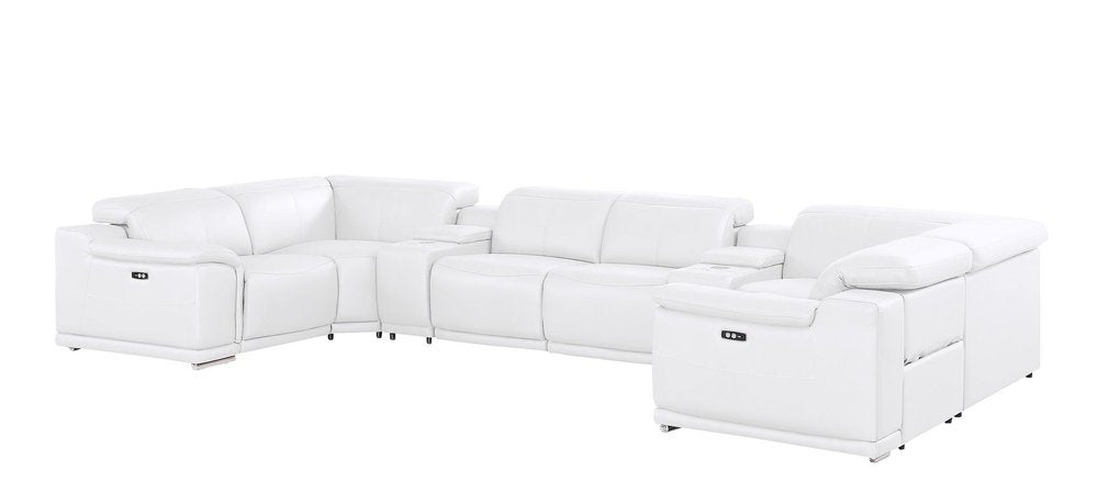 White Leather Modular U Shaped Eight Piece Corner Sectional With Console