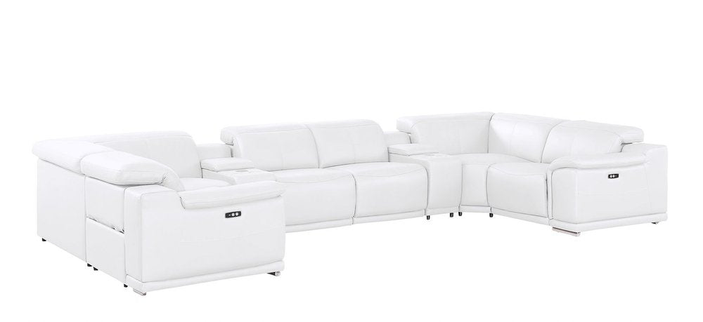 White Leather Modular U Shaped Eight Piece Corner Sectional With Console